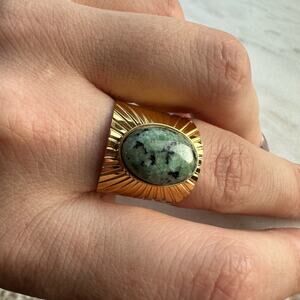 18K Gold Plated Stainless Steel Turquoise Geometric Vintage Band Ring